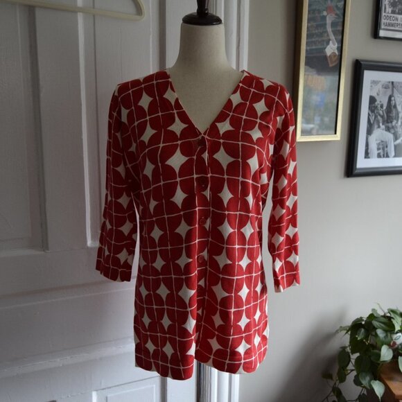 Isaac Mizrahi Live Red White Retro 60s Mod Geometric Quarter Sleeve Card… - Picture 1 of 10